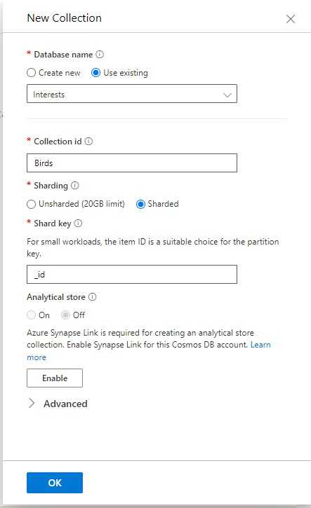 Azure Cosmos DB create collection details