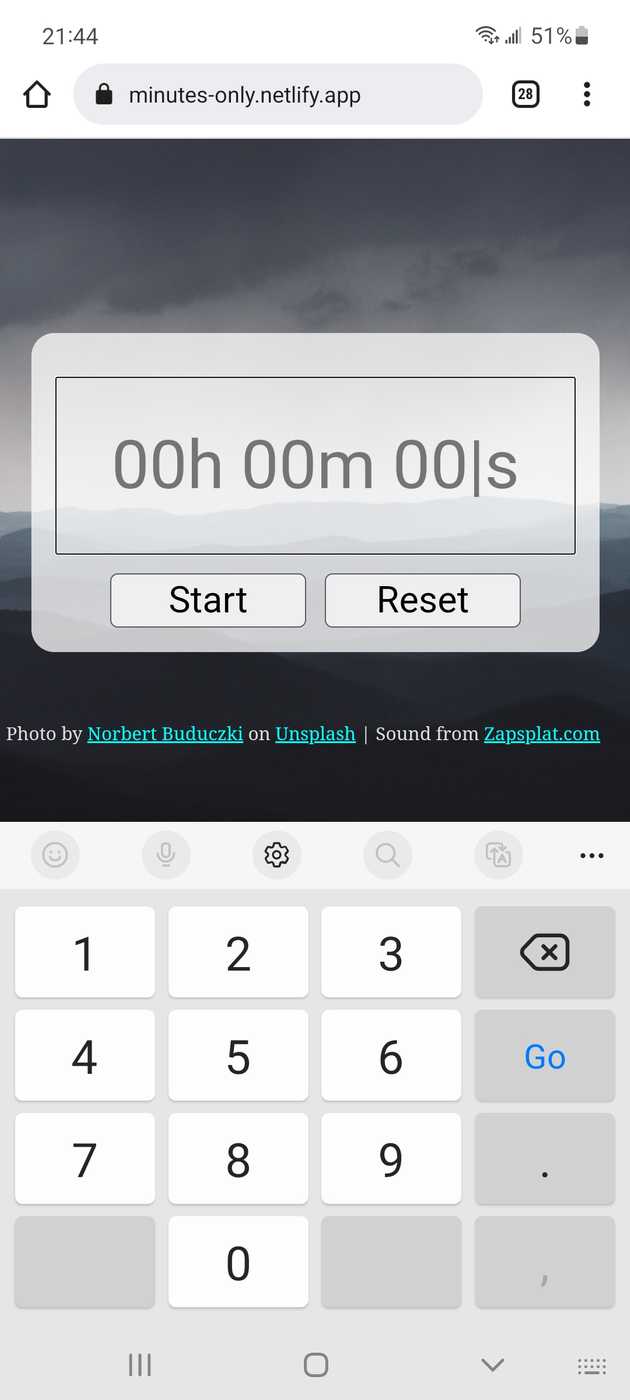 Screen shot of Minutes Only timer on Android Chrome